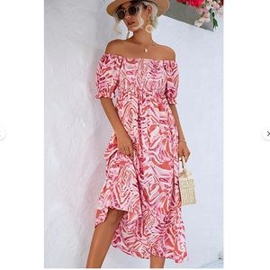 BeachSissi Smocked Off Shoulder Midi Dress in Pink Swirl Sz Small NWT